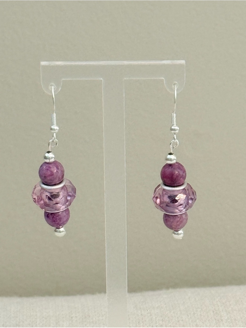 Handcrafted Purple Bead Drop Earrings with Silver Accents